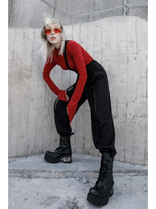 Steam Punk Female High Waist Wide Legged Stitching Strap Pants