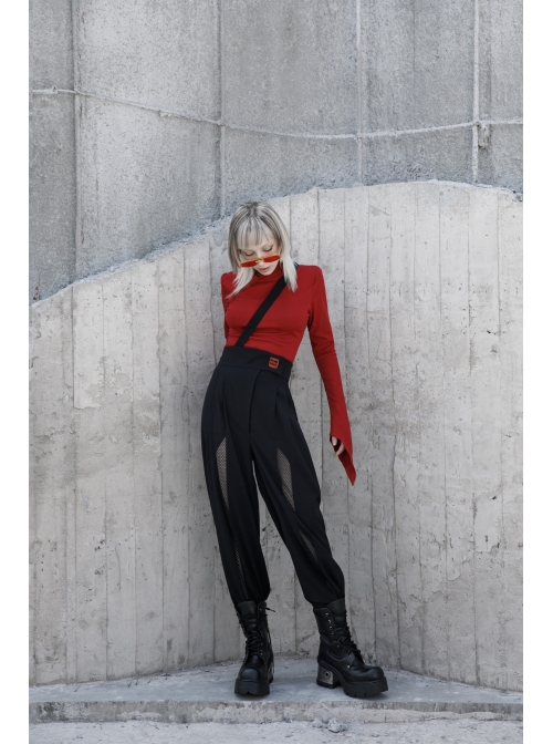 Steam Punk Female High Waist Wide Legged Stitching Strap Pants