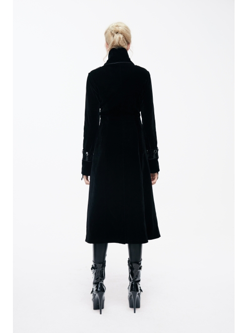 Gothic Center Front Splicing Plum Big Frog Women Black Velveteen Coat