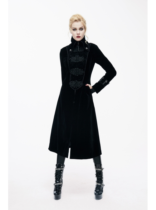 Gothic Center Front Splicing Plum Big Frog Women Black Velveteen Coat