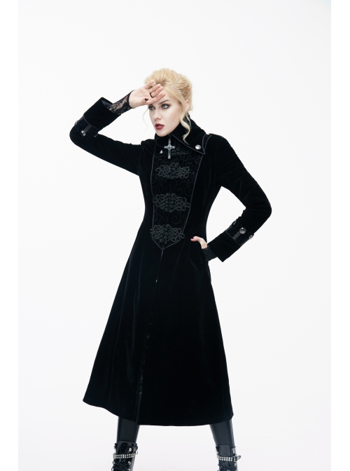 Gothic Center Front Splicing Plum Big Frog Women Black Velveteen Coat