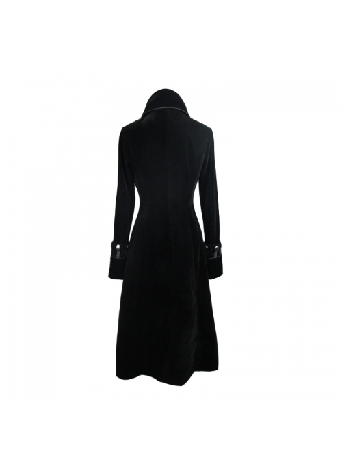 Gothic Center Front Splicing Plum Big Frog Women Black Velveteen Coat