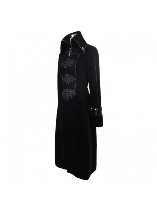 Gothic Center Front Splicing Plum Big Frog Women Black Velveteen Coat
