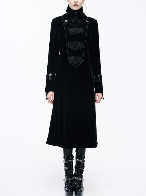 Gothic Center Front Splicing Plum Big Frog Women Black Velveteen Coat