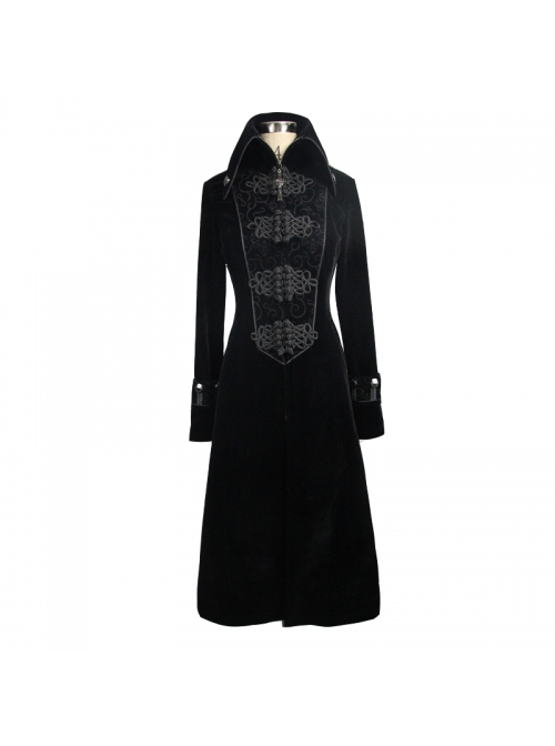 Gothic Center Front Splicing Plum Big Frog Women Black Velveteen Coat