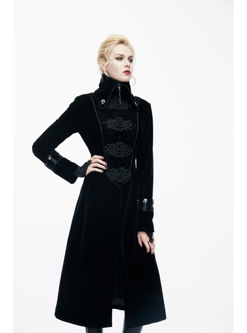 Gothic Center Front Splicing Plum Big Frog Women Black Velveteen Coat