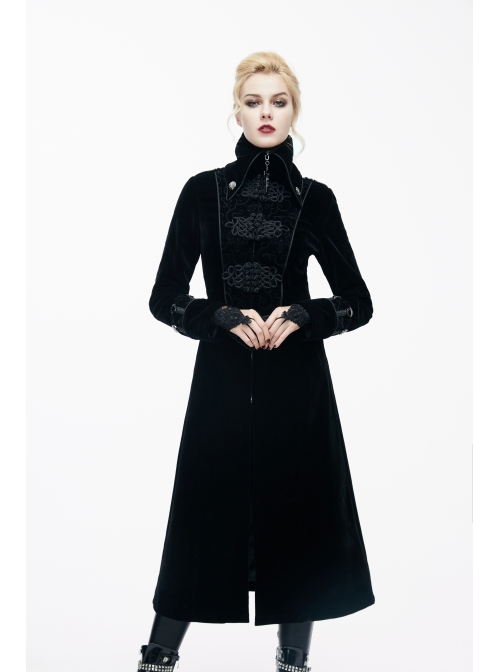 Gothic Center Front Splicing Plum Big Frog Women Black Velveteen Coat