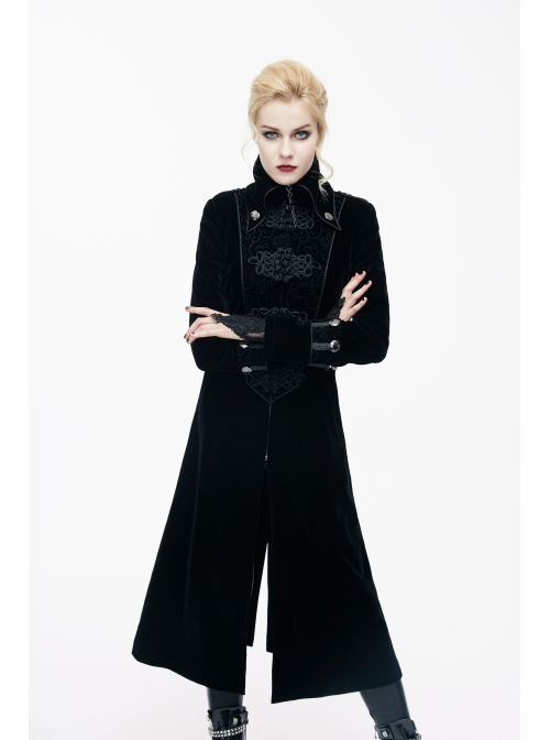 Gothic Center Front Splicing Plum Big Frog Women Black Velveteen Coat