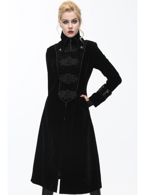 Gothic Center Front Splicing Plum Big Frog Women Black Velveteen Coat