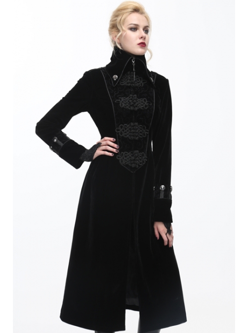 Gothic Center Front Splicing Plum Big Frog Women Black Velveteen Coat