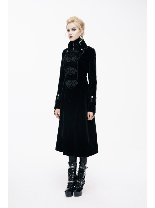 Gothic Center Front Splicing Plum Big Frog Women Black Velveteen Coat