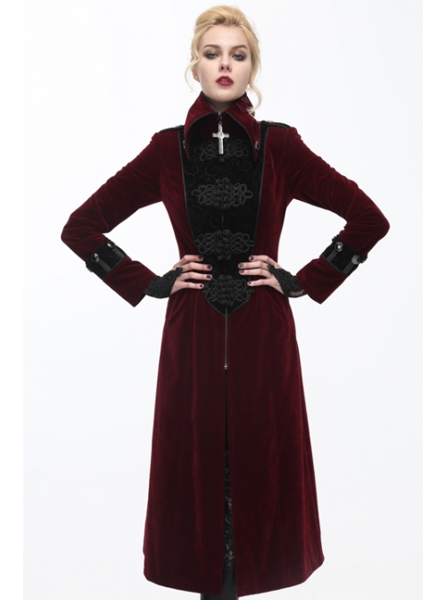 Gothic Black Embossed Patterned Velveteen Center Front Splicing Plum Big Frog Red Velveteen Women Coat