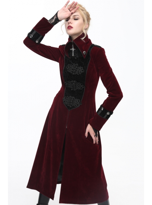 Gothic Black Embossed Patterned Velveteen Center Front Splicing Plum Big Frog Red Velveteen Women Coat