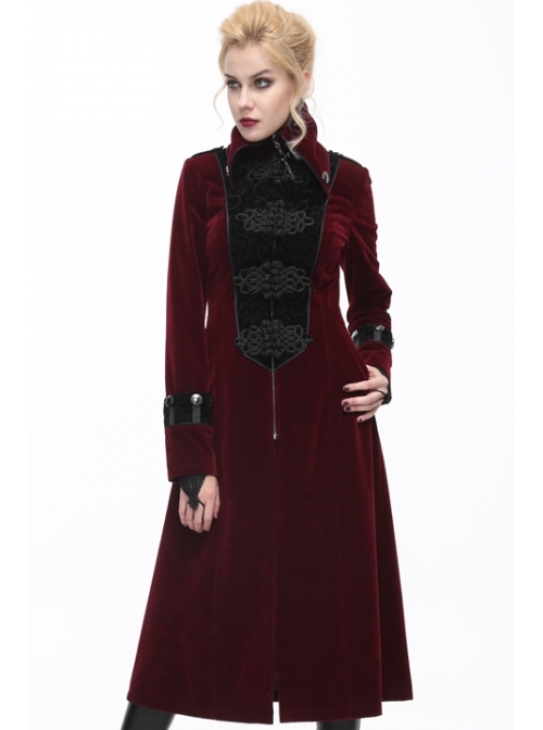 Gothic Black Embossed Patterned Velveteen Center Front Splicing Plum Big Frog Red Velveteen Women Coat