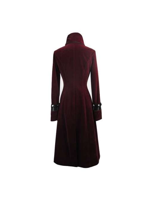 Gothic Black Embossed Patterned Velveteen Center Front Splicing Plum Big Frog Red Velveteen Women Coat