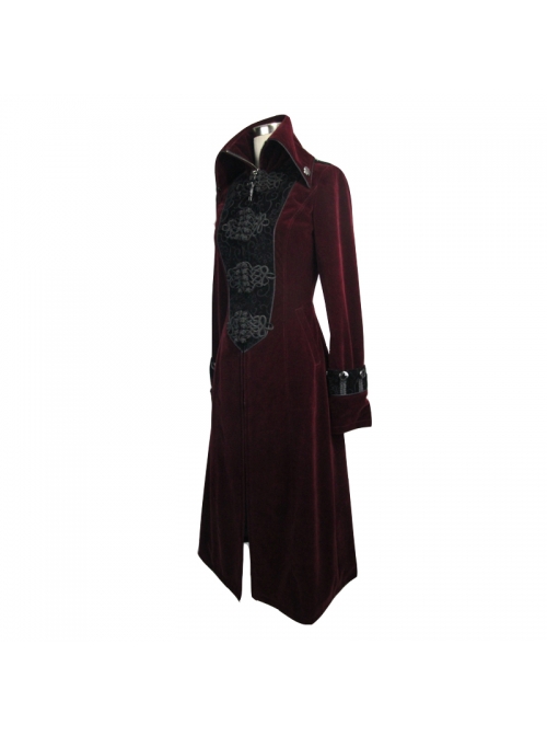 Gothic Black Embossed Patterned Velveteen Center Front Splicing Plum Big Frog Red Velveteen Women Coat