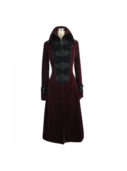 Gothic Black Embossed Patterned Velveteen Center Front Splicing Plum Big Frog Red Velveteen Women Coat