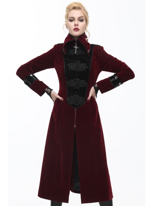 Gothic Black Embossed Patterned Velveteen Center Front Splicing Plum Big Frog Red Velveteen Women Coat