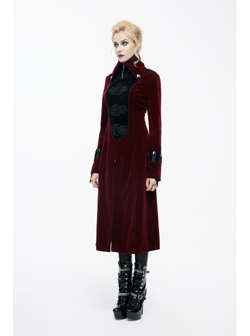 Gothic Black Embossed Patterned Velveteen Center Front Splicing Plum Big Frog Red Velveteen Women Coat