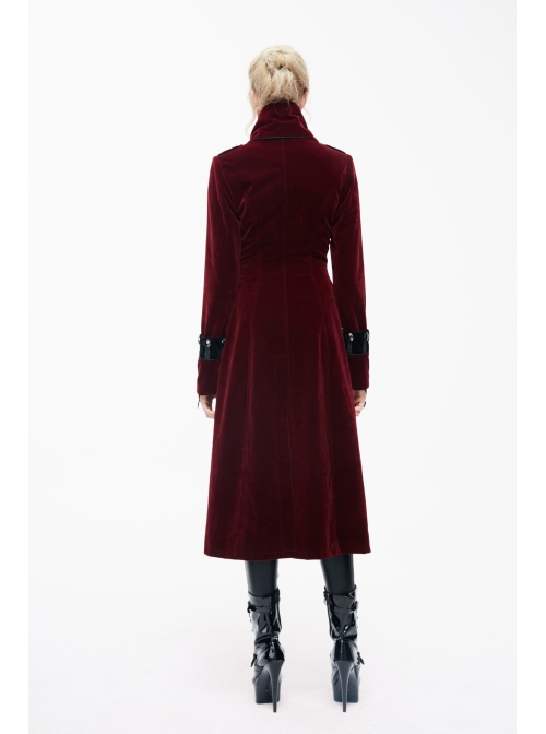 Gothic Black Embossed Patterned Velveteen Center Front Splicing Plum Big Frog Red Velveteen Women Coat