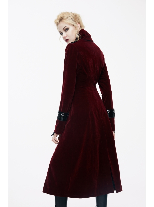 Gothic Black Embossed Patterned Velveteen Center Front Splicing Plum Big Frog Red Velveteen Women Coat