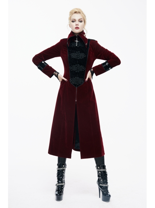 Gothic Black Embossed Patterned Velveteen Center Front Splicing Plum Big Frog Red Velveteen Women Coat
