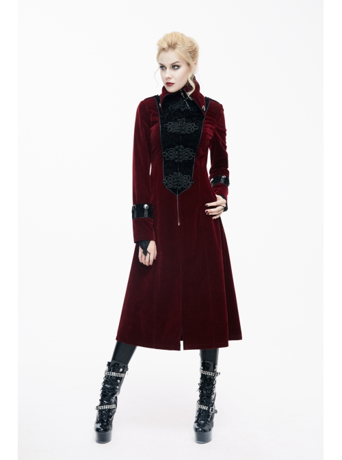 Gothic Black Embossed Patterned Velveteen Center Front Splicing Plum Big Frog Red Velveteen Women Coat