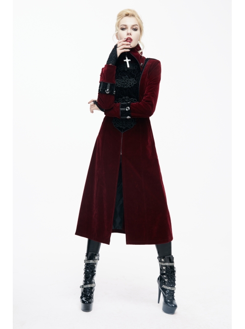 Gothic Black Embossed Patterned Velveteen Center Front Splicing Plum Big Frog Red Velveteen Women Coat