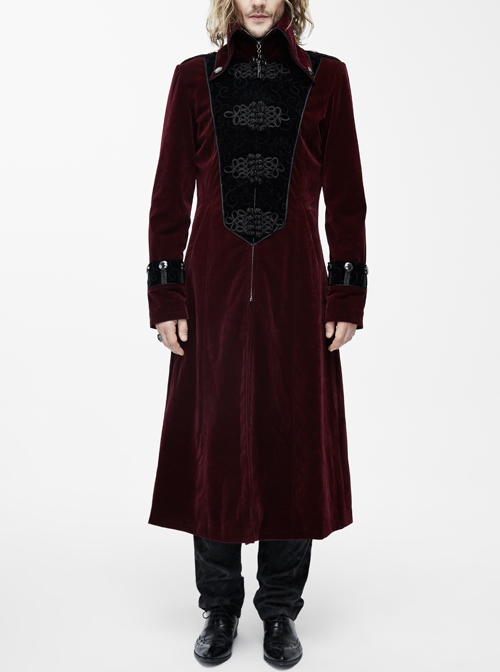 Gothic Black Embossed Patterned Velveteen Center Front Patchwork Plum-Patterned Big Frog Red Velveteen Men Coat