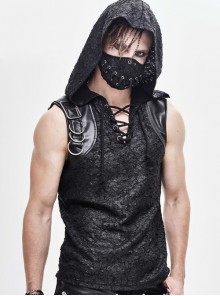 Hooded Tattered Chest Lace-Up Metal Buckle Black Punk Knit Vest