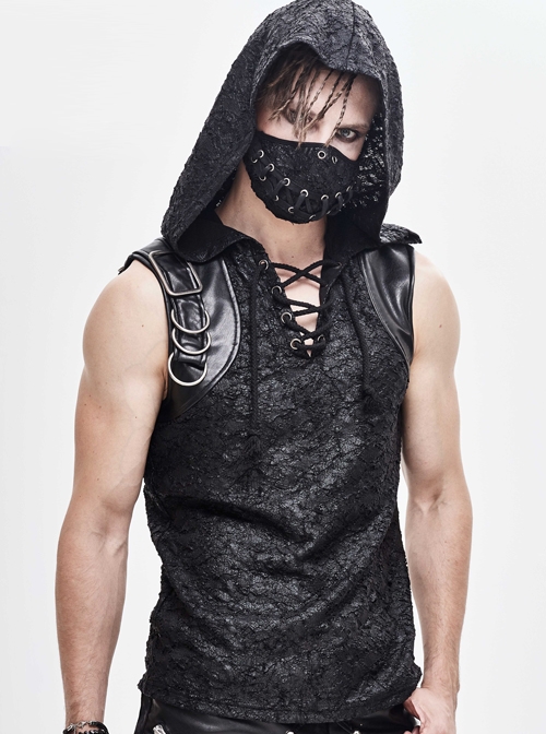 Hooded Tattered Chest Lace-Up Metal Buckle Black Punk Knit Vest