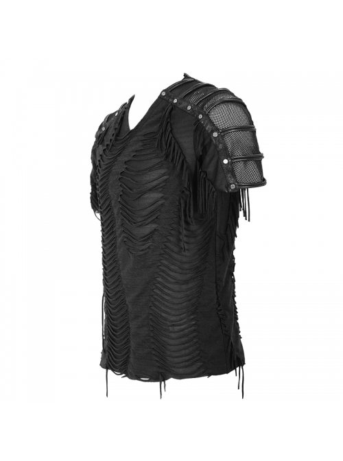 Tattered Striped Shoulder Splice Mesh Black Punk Short-Sleeve T-Shirt