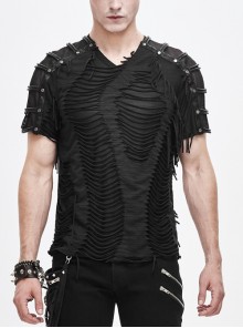 Tattered Striped Shoulder Splice Mesh Black Punk Short-Sleeve T-Shirt