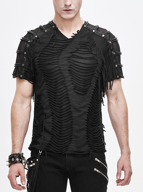 Tattered Striped Shoulder Splice Mesh Black Punk Short-Sleeve T-Shirt