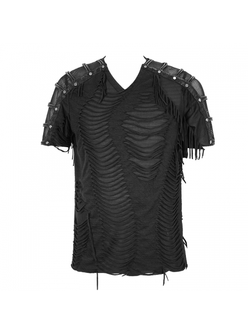 Tattered Striped Shoulder Splice Mesh Black Punk Short-Sleeve T-Shirt