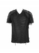 Tattered Striped Shoulder Splice Mesh Black Punk Short-Sleeve T-Shirt