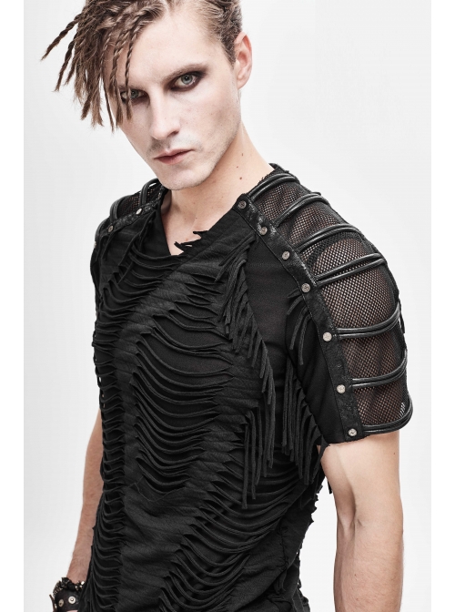 Tattered Striped Shoulder Splice Mesh Black Punk Short-Sleeve T-Shirt