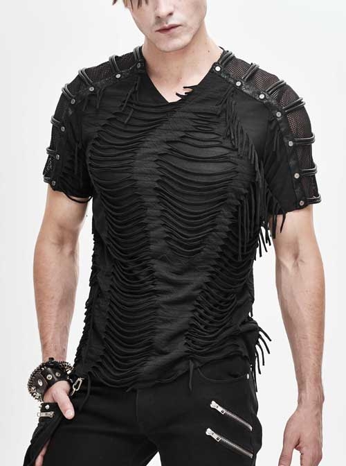 Tattered Striped Shoulder Splice Mesh Black Punk Short-Sleeve T-Shirt