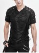 Tattered Striped Shoulder Splice Mesh Black Punk Short-Sleeve T-Shirt