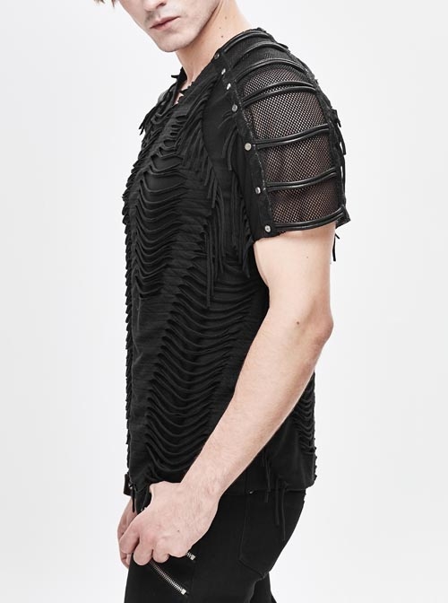 Tattered Striped Shoulder Splice Mesh Black Punk Short-Sleeve T-Shirt
