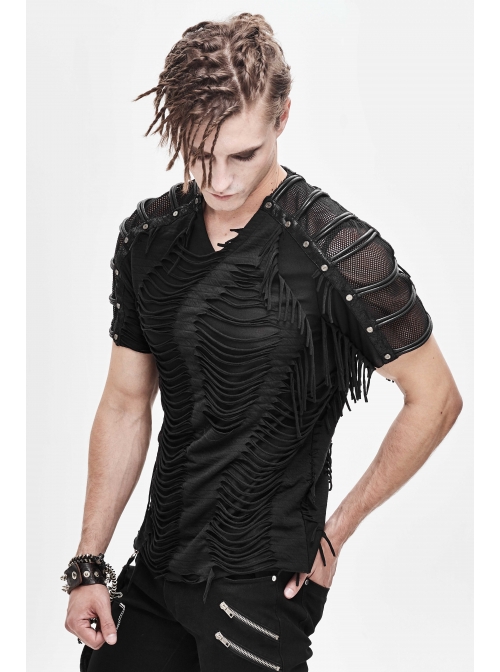 Tattered Striped Shoulder Splice Mesh Black Punk Short-Sleeve T-Shirt