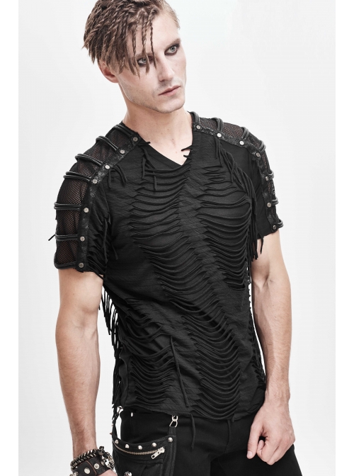Tattered Striped Shoulder Splice Mesh Black Punk Short-Sleeve T-Shirt