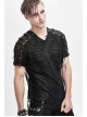 Tattered Striped Shoulder Splice Mesh Black Punk Short-Sleeve T-Shirt