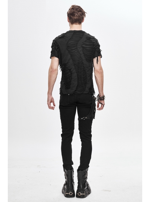 Tattered Striped Shoulder Splice Mesh Black Punk Short-Sleeve T-Shirt