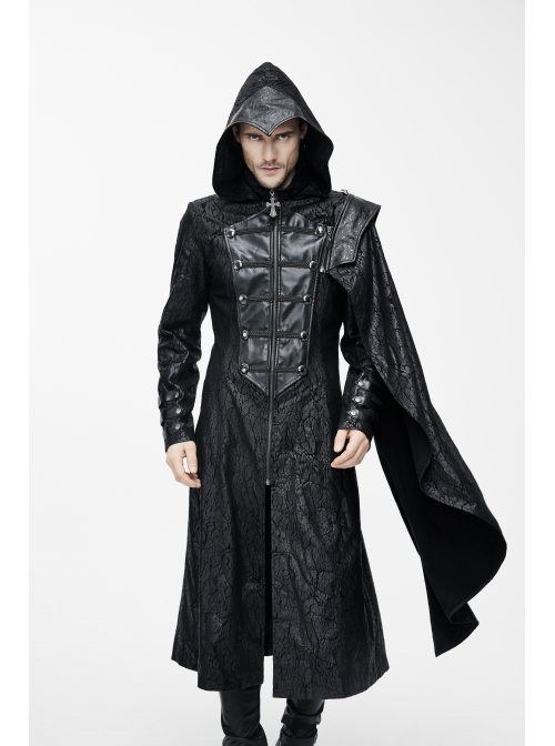 Punk Hooded Removeable One Side Shawl  Gothic Patterned Leather Collar Tree Patterned Glued Suede Men Black Coat