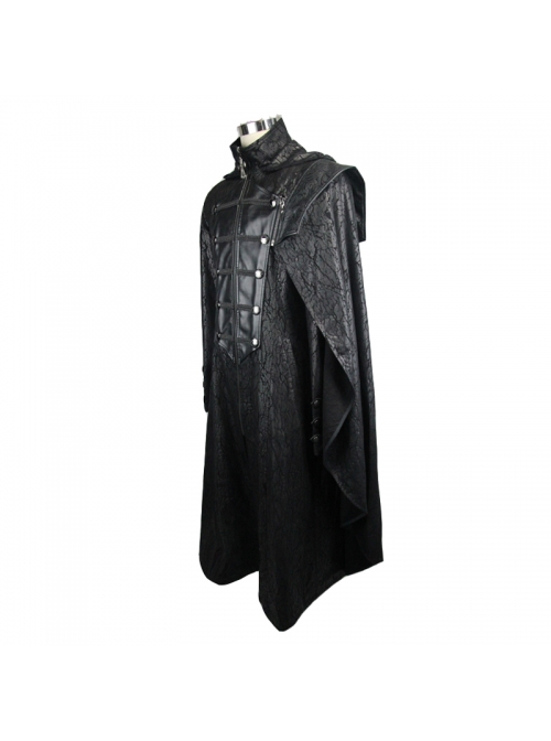 Punk Hooded Removeable One Side Shawl  Gothic Patterned Leather Collar Tree Patterned Glued Suede Men Black Coat