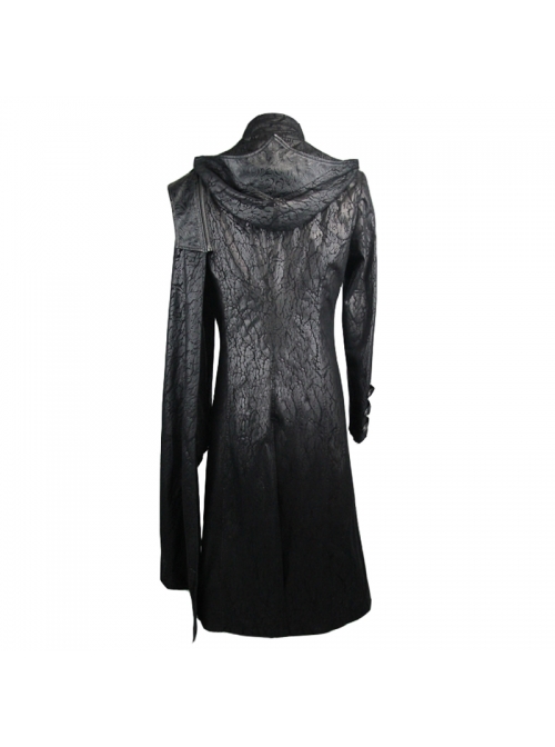 Punk Hooded Removeable One Side Shawl  Gothic Patterned Leather Collar Tree Patterned Glued Suede Men Black Coat