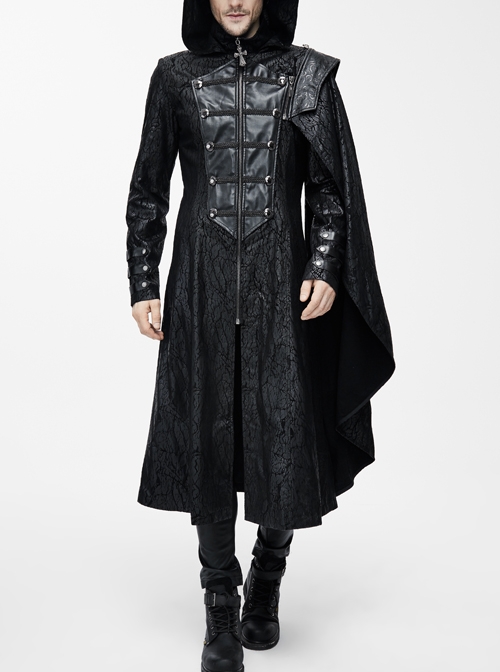 Punk Hooded Removeable One Side Shawl  Gothic Patterned Leather Collar Tree Patterned Glued Suede Men Black Coat