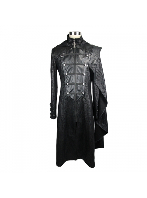 Punk Hooded Removeable One Side Shawl  Gothic Patterned Leather Collar Tree Patterned Glued Suede Men Black Coat