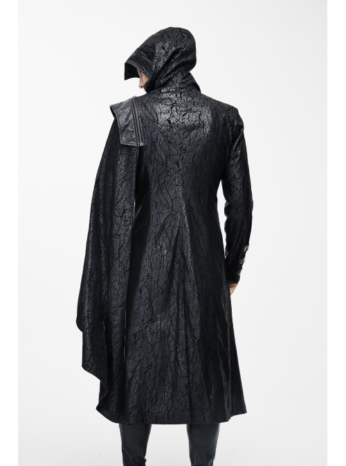 Punk Hooded Removeable One Side Shawl  Gothic Patterned Leather Collar Tree Patterned Glued Suede Men Black Coat